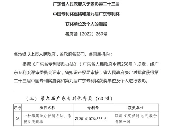 恭賀英威騰再獲廣東專利獎！